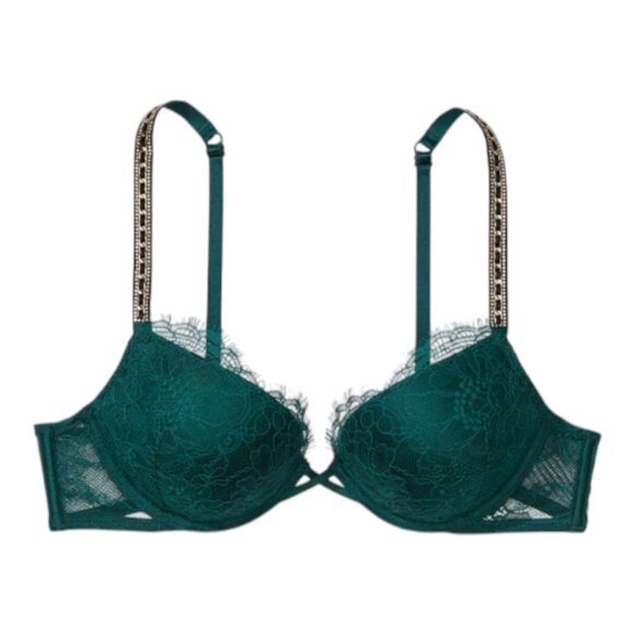NWT Victoria Secret Green Ivy Lace Bombshell Bra and Thong Set w/Gold Accents - Picture 2 of 14